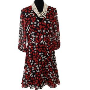 Diane Von Furstenberg Black 100% Silk Red Tear Drop Print Sheer Sleeve Size 12
